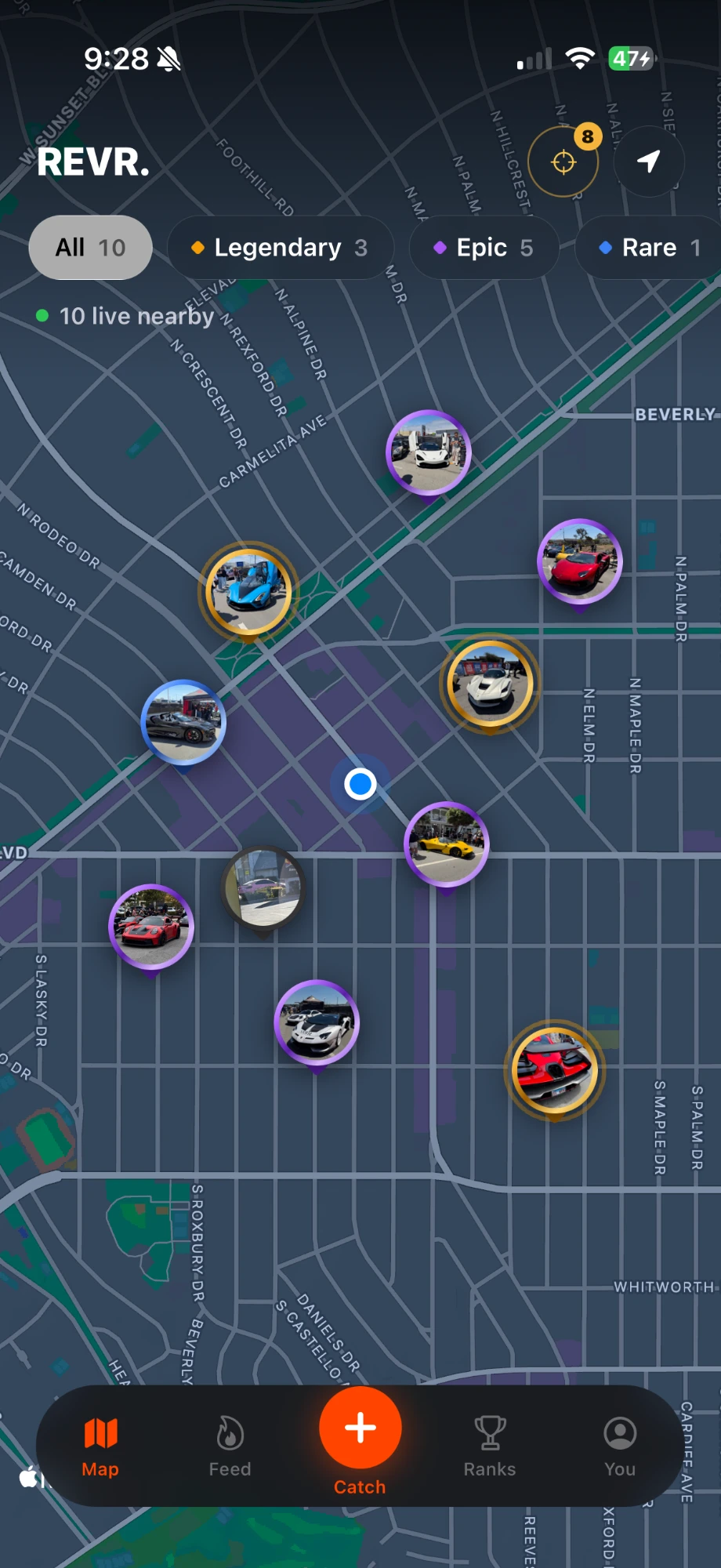 REVR map in Beverly Hills with live pins: legendary, epic, rare and common catches